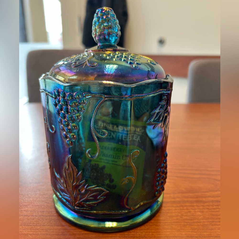 Carnival Glass “Harvest Grape” Iridescent Blue Green Vintage Jar w/ Lid. 7”h.